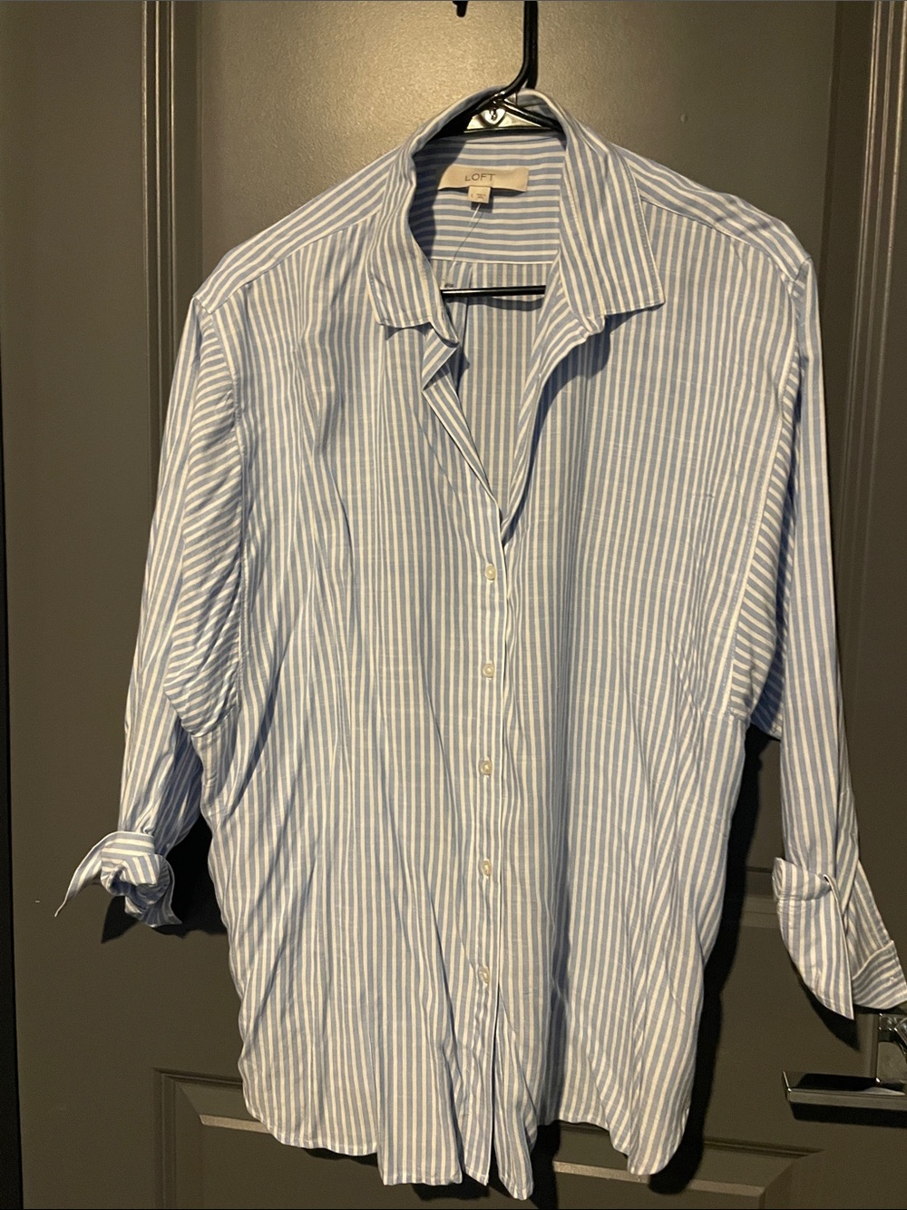 LOFT Light Blue and White Vertical Stripe Button-Down Shirt